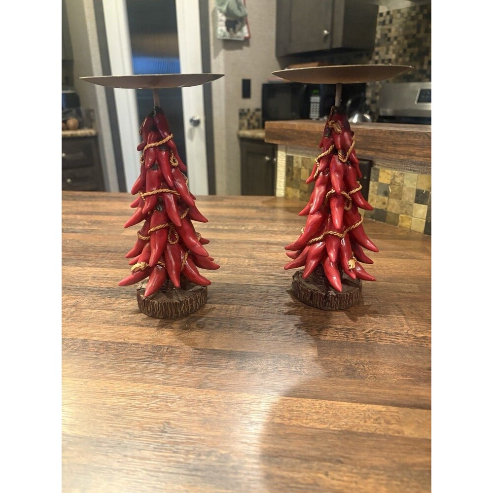 Red Chili Pepper Southwest Christmas Tree Pillar Candle Holders, set of 2